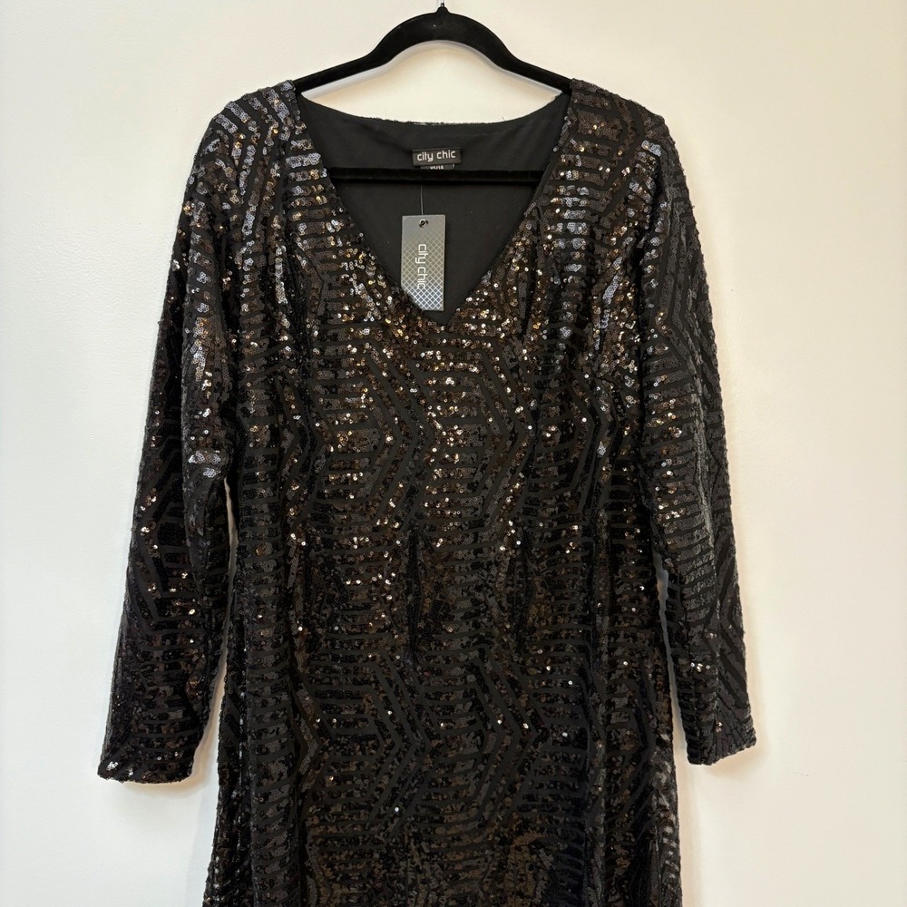 NWT‎ City Chic Bright Lights Sequin Dress XS/14 Black Long Sleeve - Picture 2 of 7